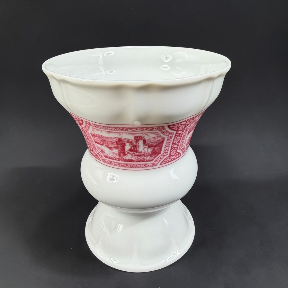 Heinrich Germany Porcelain Vase Pink White Scenic Transferware Castle 4.5Inch